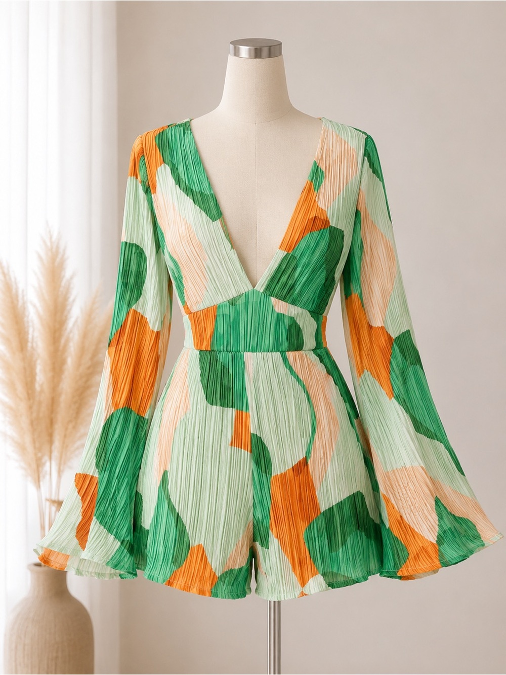 Boohoo Green Orange Abstract Plissé Deep V Romper